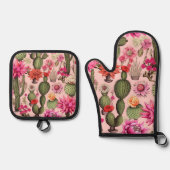 Bloemen Cactus Oven Mitt en Pothouders Ovenwant & Pannenlap Set (Voorkant)