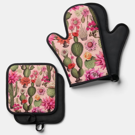 Bloemen Cactus Oven Mitt en Pothouders Ovenwant & Pannenlap Set (Voorkant / Achterkant)