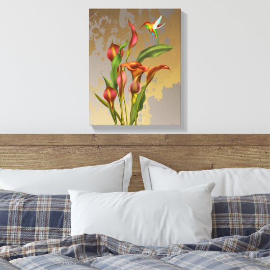 Bloemen - Calla Lilies en Hummingbird Canvas Afdruk (Insitu (Slaapkamer))