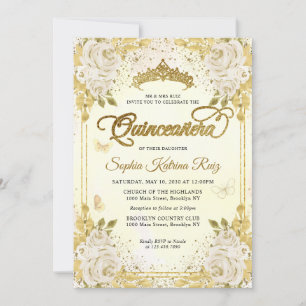 Bloemen Champagne Gold Glitter Crown Quinceañera Kaart