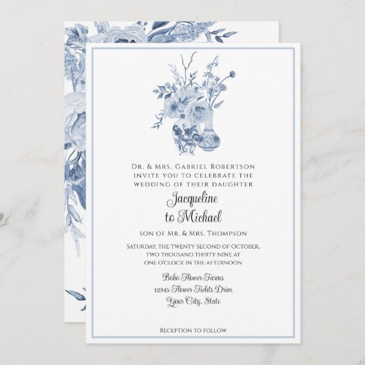 Bloemen Chinoiserie Wit en Blauw Bruiloft Kaart (Voorkant / Achterkant)