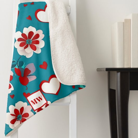Bloemen Coquette harten en bloemen monogram Sherpa Deken