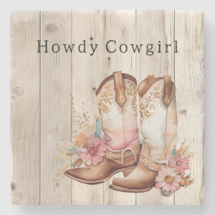 Bloemen Cowgirl Laarzen Ivoor Faux Hout gepersonal Stenen Onderzetter