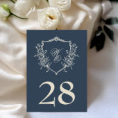 Bloemen Crest Navy & Cream Monogram Bruiloft Kaart