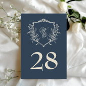 Bloemen Crest Navy & Cream Monogram Bruiloft Kaart