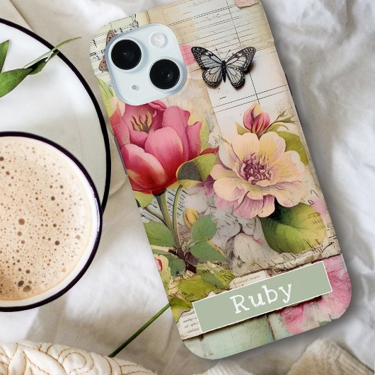 Bloemen Custom Name Scrapbook Collage Roze Case-Mate iPhone Case