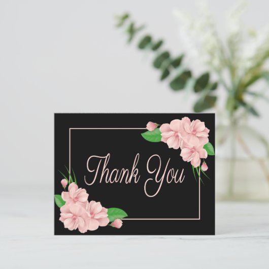 Bloemen Dank u Roze Bloemen Zwart Trouwfeest Briefkaart (Staand voorkant)