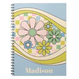 Bloemen Daydream Retro 60s pastel geruit patroon Notitieboek