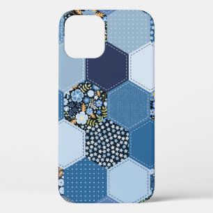 Bloemen, denim patchwork: blauw patroon. iPhone 12 hoesje