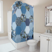 Bloemen, denim patchwork: blauw patroon. douchegordijn (In situ)