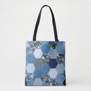 Bloemen, denim patchwork: blauw patroon. draagtas