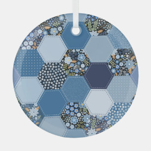 Bloemen, denim patchwork: blauw patroon. glas ornament