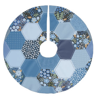 Bloemen, denim patchwork: blauw patroon. kerstboom rok