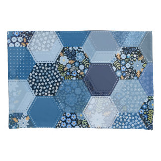 Bloemen, denim patchwork: blauw patroon. kussensloop