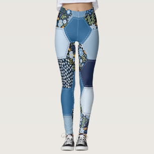 Bloemen, denim patchwork: blauw patroon. leggings