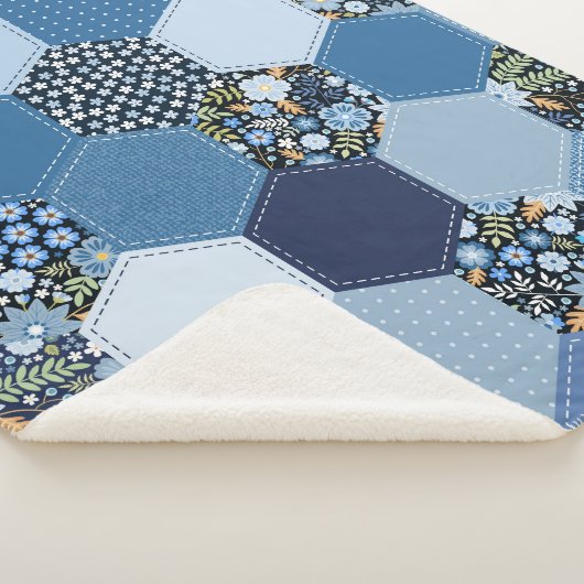 Bloemen, denim patchwork: blauw patroon. sherpa deken (3/4)