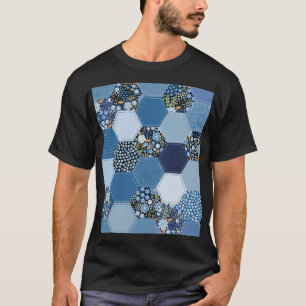 Bloemen, denim patchwork: blauw patroon. t-shirt