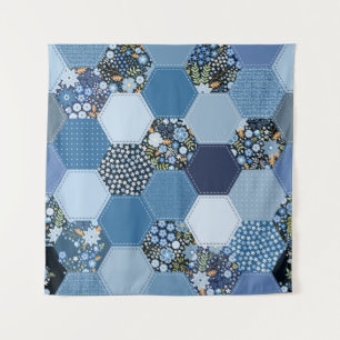 Bloemen, denim patchwork: blauw patroon. wandkleed