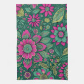 Bloemen Design Roze Groene Retro Classic Theedoek (Verticaal)