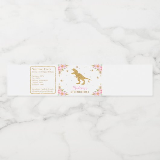 Bloemen Dinosaurus Verjaardagsfeestje Favor T-Rex Waterfles Etiket (Enkel label)