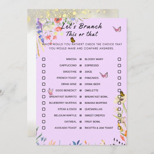 Bloemen dit of dat brunch party spel kaart (Voorkant / Achterkant)