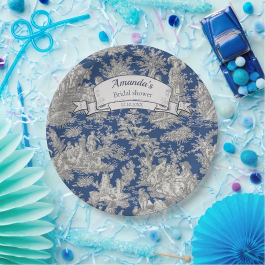 Bloemen Donkerblauw Toile de Jouy Douche Papieren Bordje (Feest)