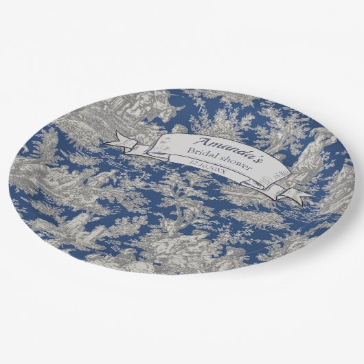 Bloemen Donkerblauw Toile de Jouy Douche Papieren Bordje (Gekanteld)