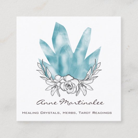  Bloemen Doodle Blue Crystals Vierkante Visitekaartje (Voorkant)