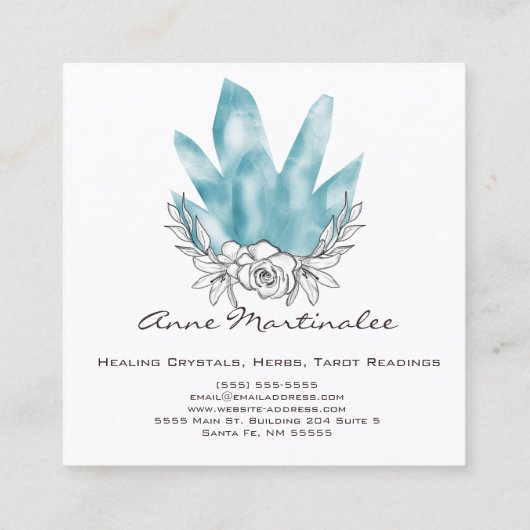 Bloemen Doodle Blue Crystals Vierkante Visitekaartje (Achterkant)