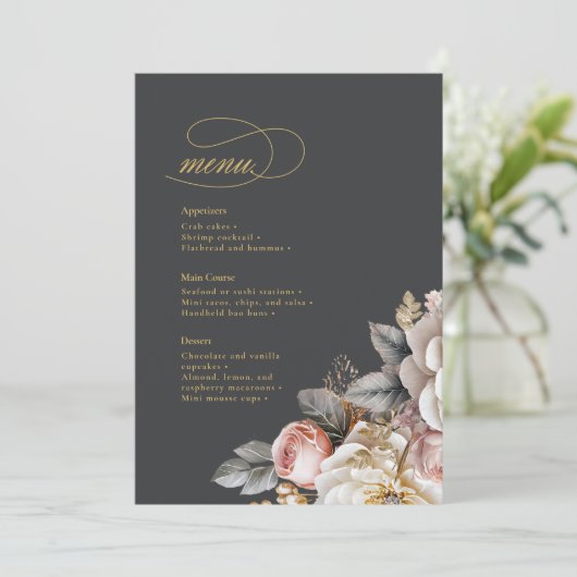 Bloemen Drama Bruiloft Menu Houtskool ID1022 (Staand voorkant)