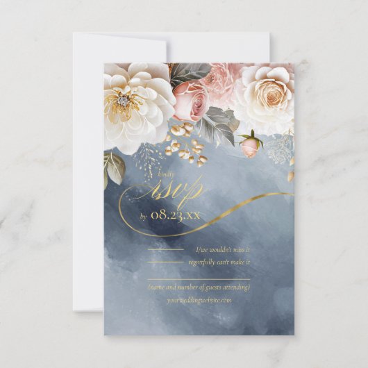 Bloemen Drama Bruiloft Stoffig Blauw ID1022 RSVP Kaartje (Voorkant)