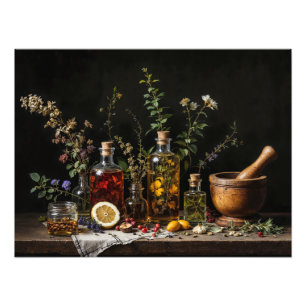 Bloemen, druppelflesjes. botanische wellness foto afdruk