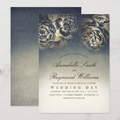 Bloemen Eclectisch Blauw en Gouden Bruiloft Kaart (Voorkant / Achterkant)