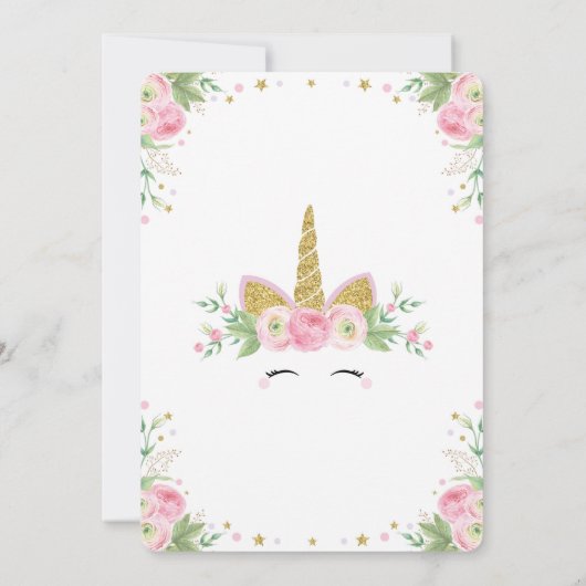 Bloemen Eenhoorn Verjaardag Uitnodiging Roze Goud (Achterkant)