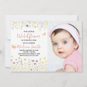 Bloemen Eerste Verjaardag Uitnodiging met foto
