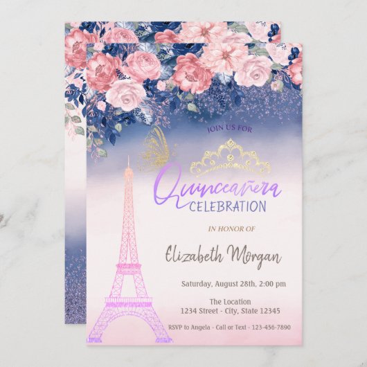 Bloemen, Eiffel Tower Butterfly Ombre Quinceanera Kaart (Voorkant / Achterkant)