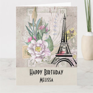  bloemen, Eiffeltoren en Burlap Birthday Kaart