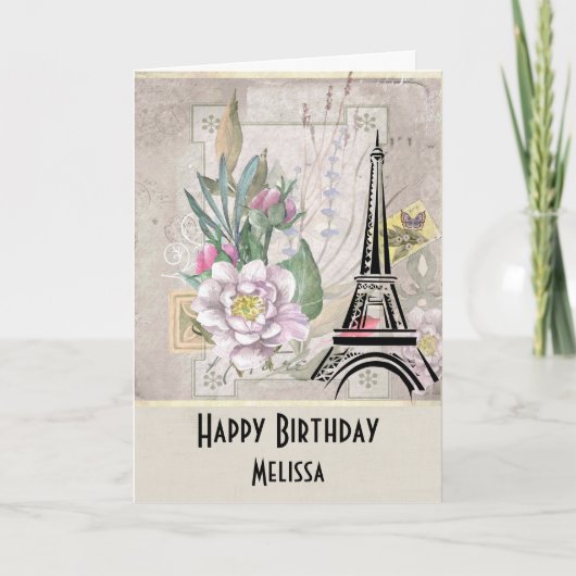  bloemen, Eiffeltoren en Burlap Birthday Kaart (Voorkant)