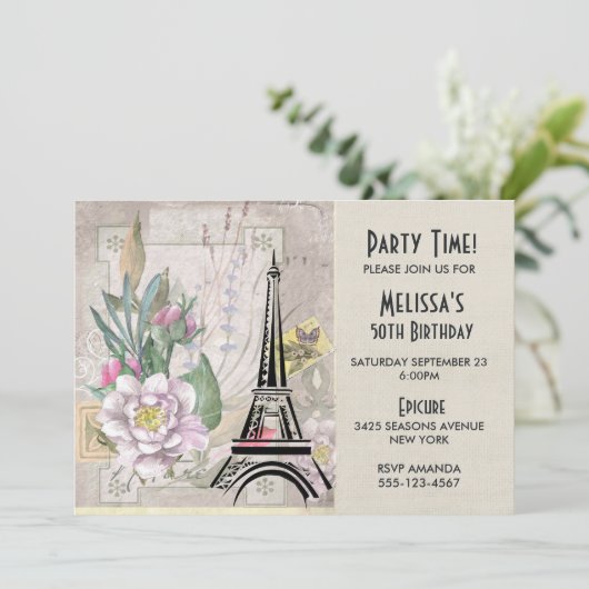 bloemen, Eiffeltoren en Burlap Birthday Kaart (Staand voorkant)