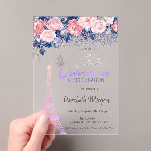 Bloemen,Eiffeltoren Vlinder Ombre Quinceanera Acryl Uitnodigingen