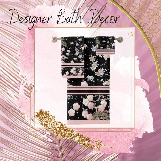 Bloemen Elegant Zwart en Roze Bad Handdoek