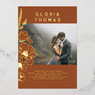 Bloemen Elegante Moderne Terracotta Bruiloft Foto Folie Uitnodiging