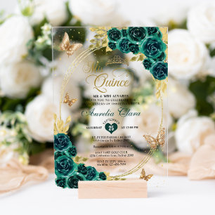 Bloemen Emerald Gold Tiara Vlinder Quinceañera Acryl Uitnodigingen