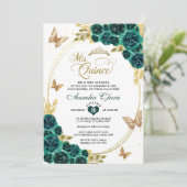 Bloemen Emerald Gold Tiara Vlinder Quinceañera Kaart (Staand voorkant)