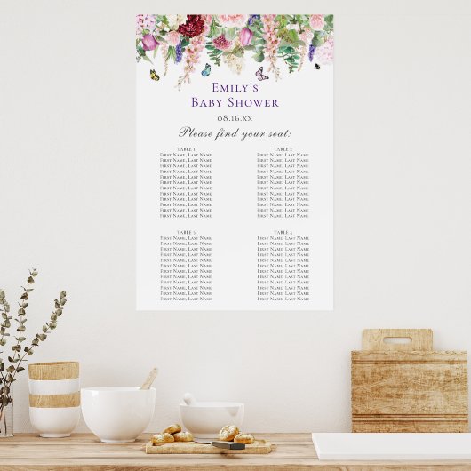 Bloemen en Baby shower van botervliegen Poster (Keuken)