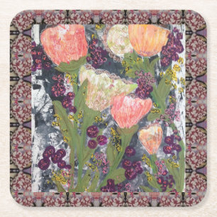 Bloemen en bessen vierkante kartonnen onderzetter