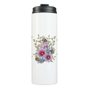 Bloemen en Bijen, Vrijhand Botanische Kunst Thermosbeker