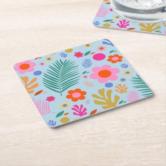 Bloemen en bladeren 03 blauw en roze vierkante kartonnen onderzetter (Schuin)