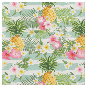 Bloemen en Blauwgroen strepen voor ananas Stof