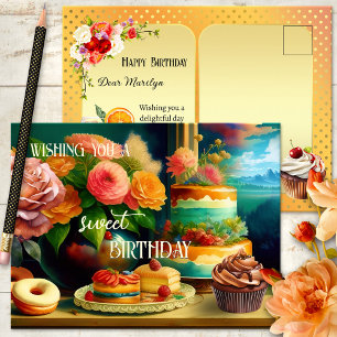 Bloemen en Cake Feestelijke Verjaardag Briefkaart